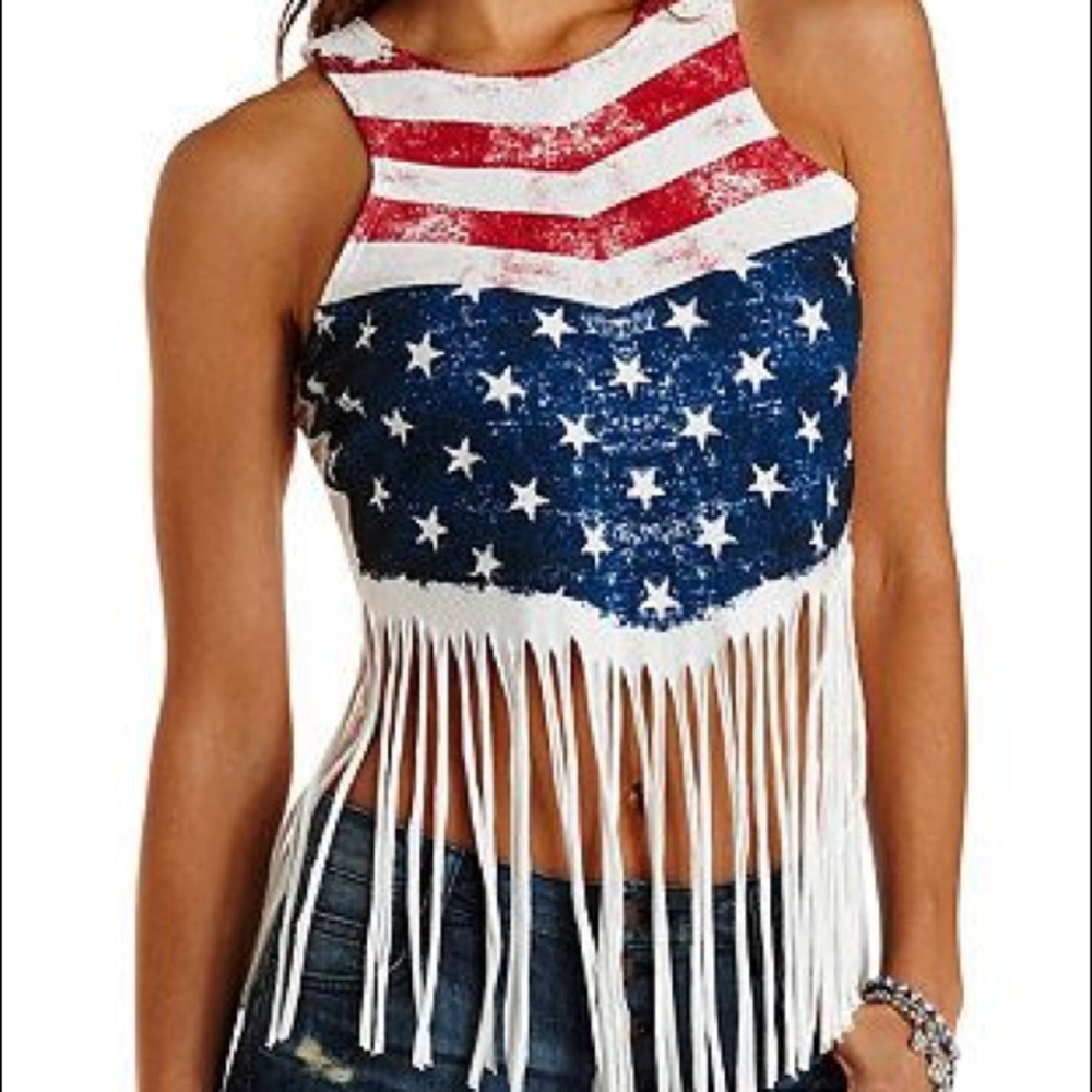 Red, white, and blue fringe crop top